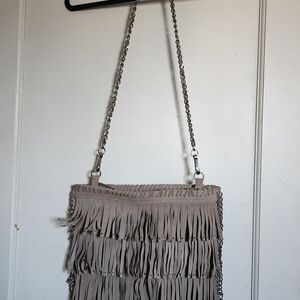 bebe Taupe Fringe Suede Shoulder Bag with Chain Strap